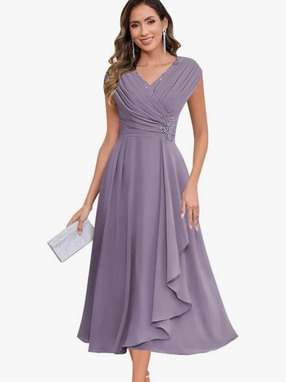 V-Neck Lavender Midi Dress with Draped Bodice